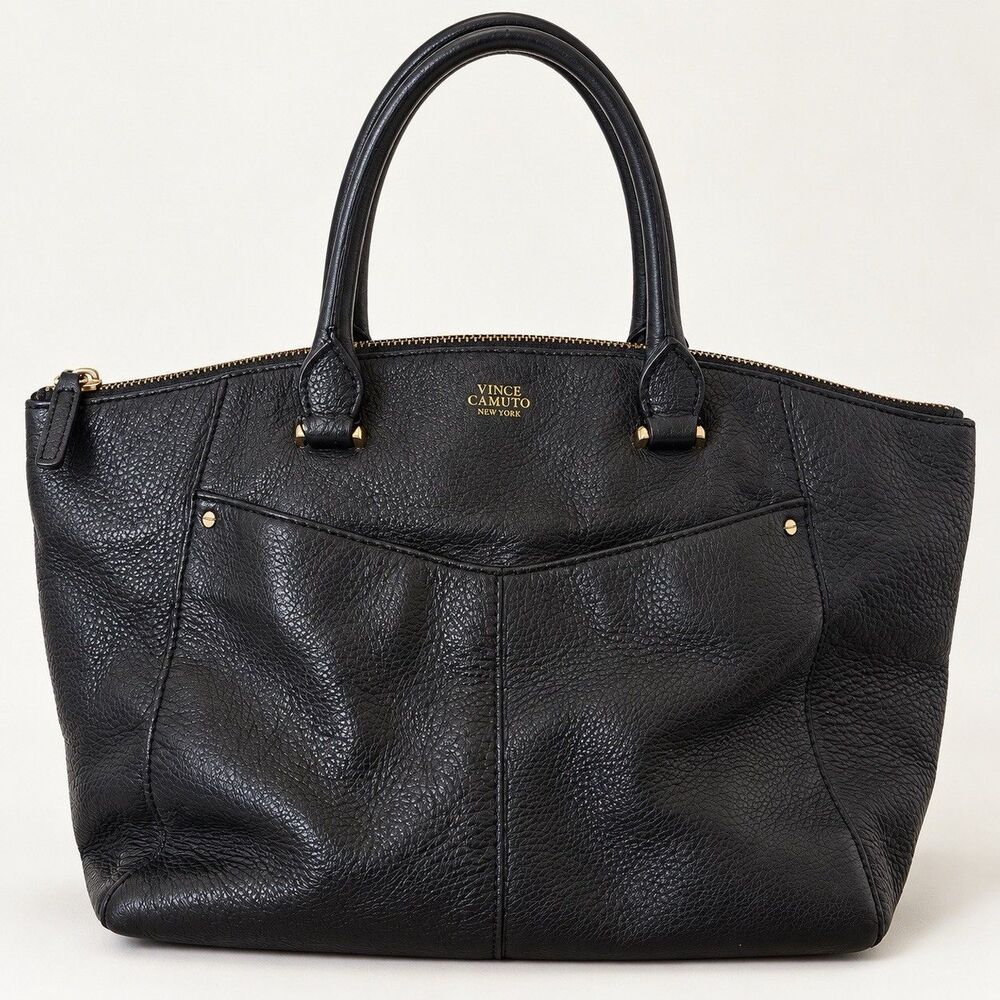 Vince Camuto Black Pebbled Leather Tote Satchel Gold Hardware Zip Top Bag